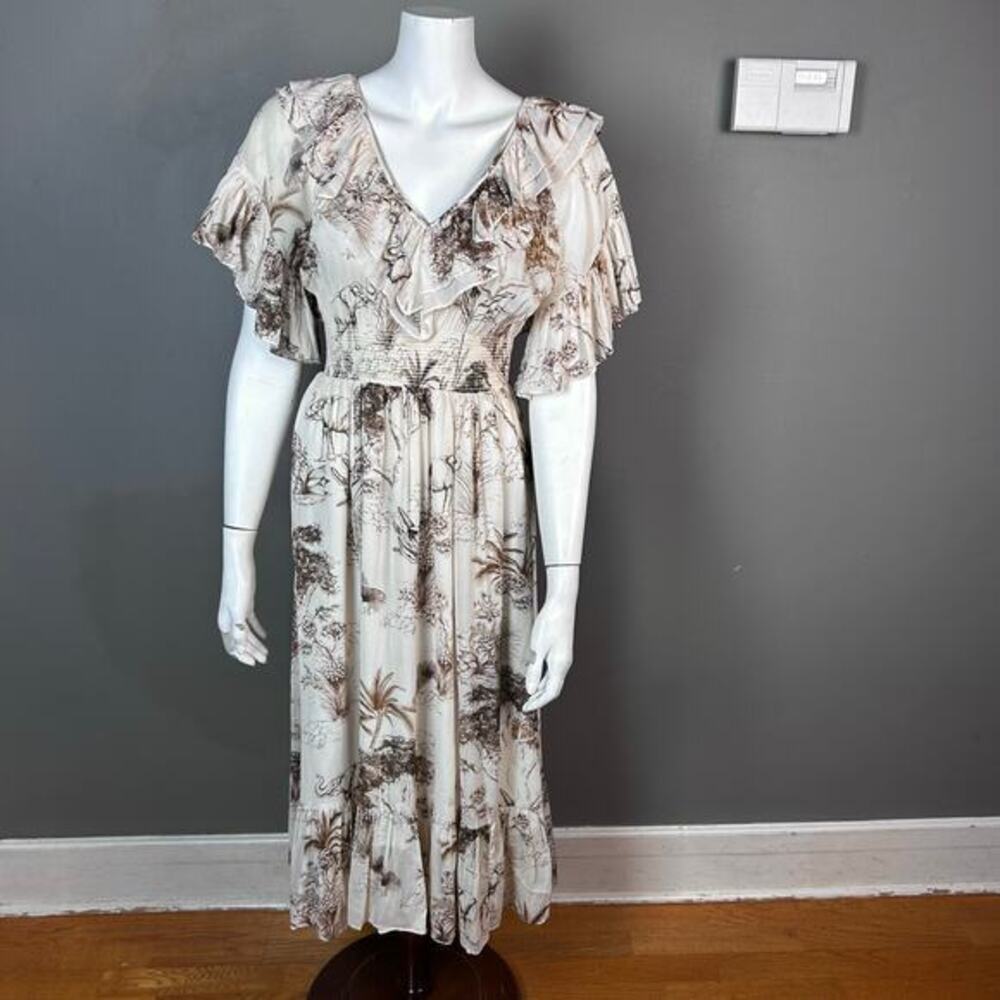 Sandro Dress 34 / XS / 2 Midi Toile‎ Ruffle Safari Print Cotton Victorian Jolay - Picture 2 of 16